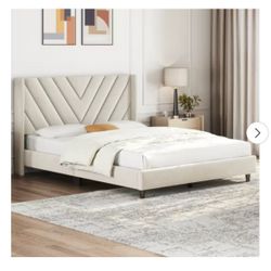 Upholstered Platform Bed Frame with Wooden Slat Support, Beige(Queen)