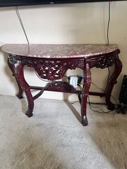 Vintage Ornate Carved Wood Demilune Entry Table w/ Pink Marble Top
