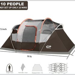 Camping Tent 10 Person Family Cabin Tent, 2 Room Water Resistant Waterproof Tent with Top Rainfly, 4 Large Mesh Windows, Double Layer, Easy Set Up, Po