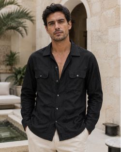 Cortigiani Italy Black Linen Cotton Knit Shirt EU 52 XL