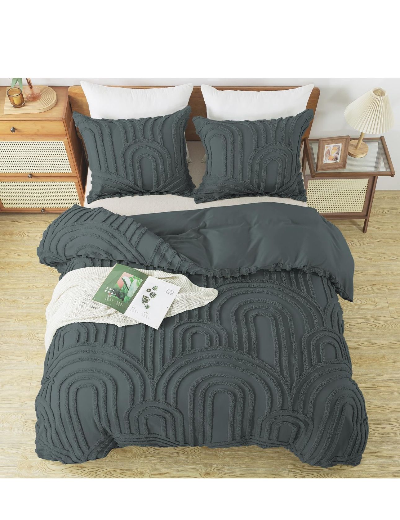 HYLEORY Boho Tufted Full Size Duvet Cover Set - 3 Pieces All Seasons Comforter Cover and 2 Pillowcases,Soft Bohemian Textured Embroidery Bedding Set w