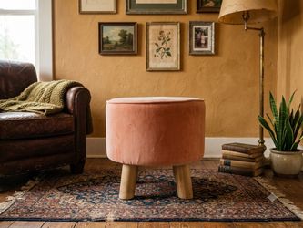 Vintage Boho Velvet Pouf / Mid-Century Velvet Footstool – Coral Pink