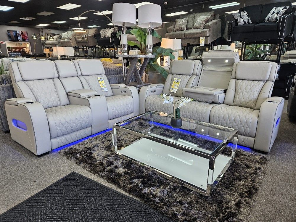 Leather Heating Massage Recliner Sofa Drop Down Console Led NO Credit Needed 100 Days Same As Cash