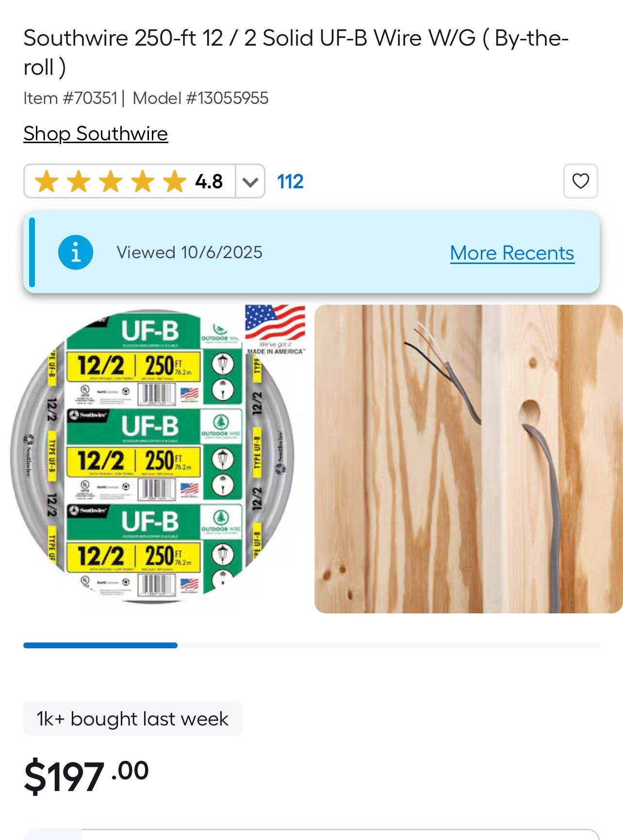 Southwire 12/2  Solid UF-B Wire W/G