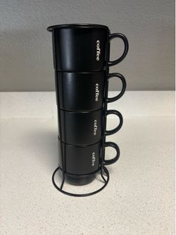 Black Stacking Coffee Mugs Set of 4 w/ Stand