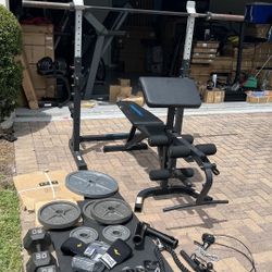 Home Gym Press Bench, Barbel witn Clips, 200 Lbs Plates Brand New, 120 Lbs Iron Dumbbells  and more