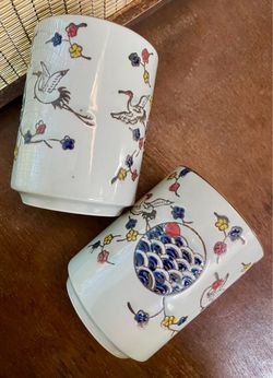 Two New 9-oz Japanese-Style Tea Cups w/Embossed Cranes & Cherry Blossoms