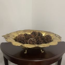 Extra Large Vintage 22” W Hammered Brass Scalloped Footed Centerpiece Vessel