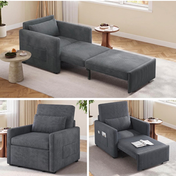 3 in 1 Pull Out Sleeper Chair, 75.2” Corduroy Single Sofa, Dark Gray