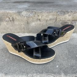 Prada Patent Leather Cross Wedge Heel Size 37.5 W/ COA