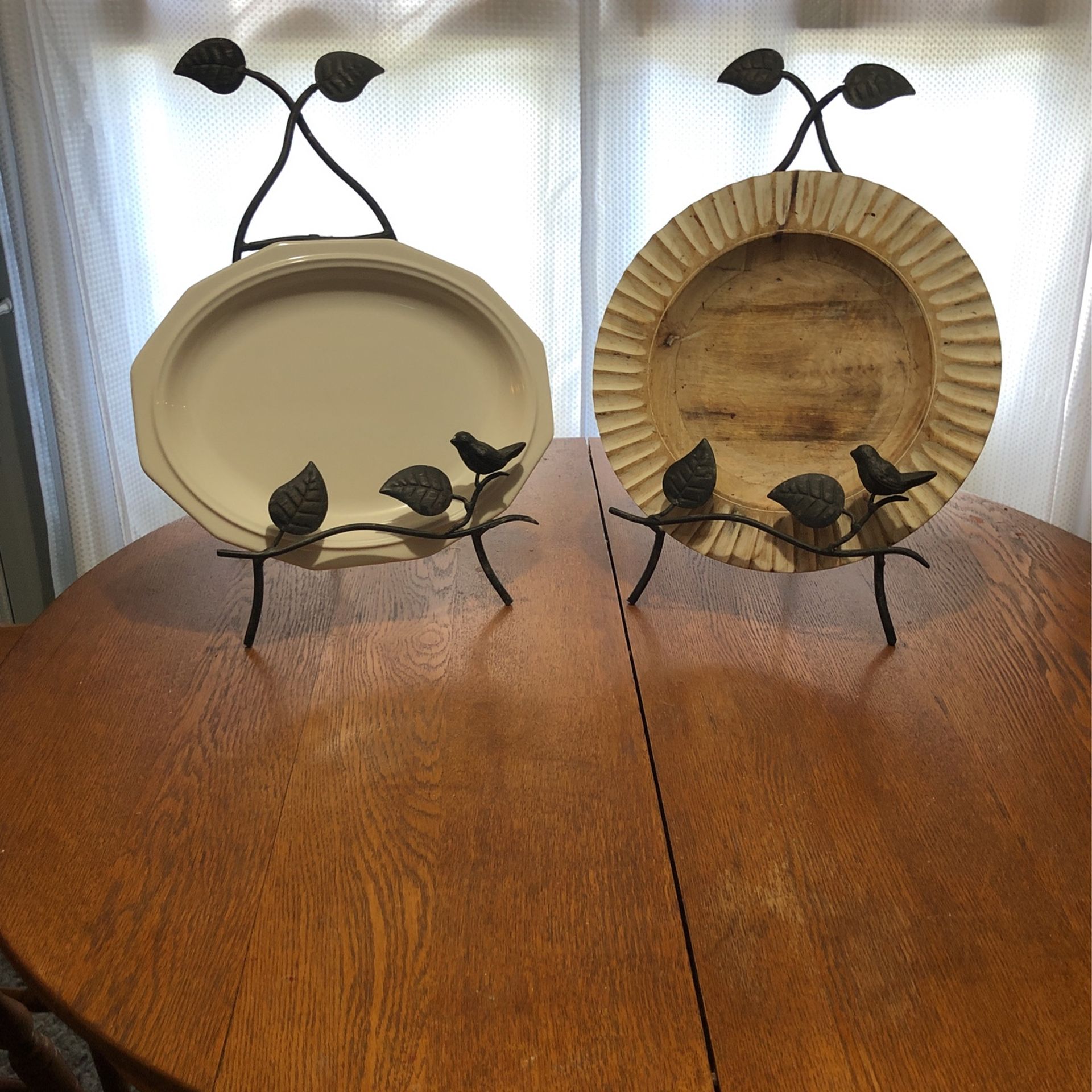 Wrought Iron Picture Or Display Stands With A Bird On Each One And Leaves