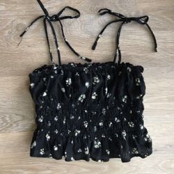 Women Black White Flower Flora Dandelion Spaghetti Straps Top Shirt Camisole 