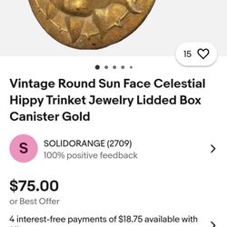 Vintage Round Sun Face Celestial Hippy Trinket Jewelry Lidded Box Canister Gold