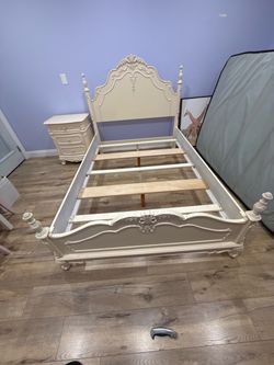 Beautiful 3-pc Set of Cream Full Size Princess Bed + Dresser + Nightstand