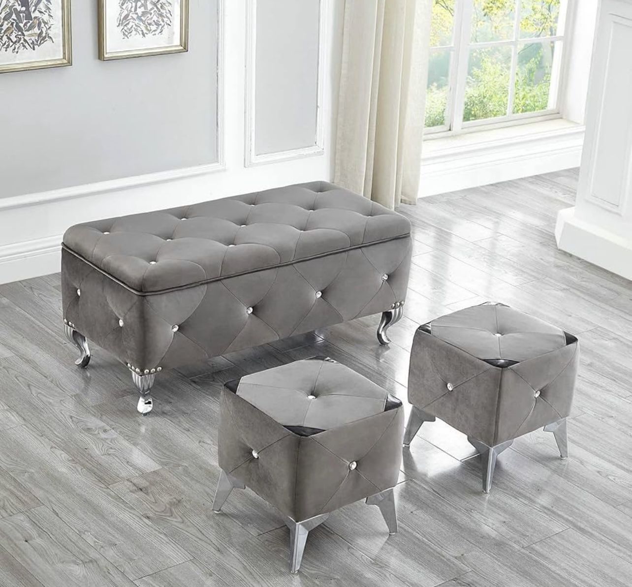 Velvet Large Storage Ottoman Bench Set Foot Rest Stools for Living Room Bedroom with 2pcs Ottomans Upholstered, Grey