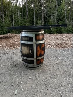 Rustic Whiskey Barrel Bar Cabinet with Solid Wood Top – Handcrafted – Unique Piece