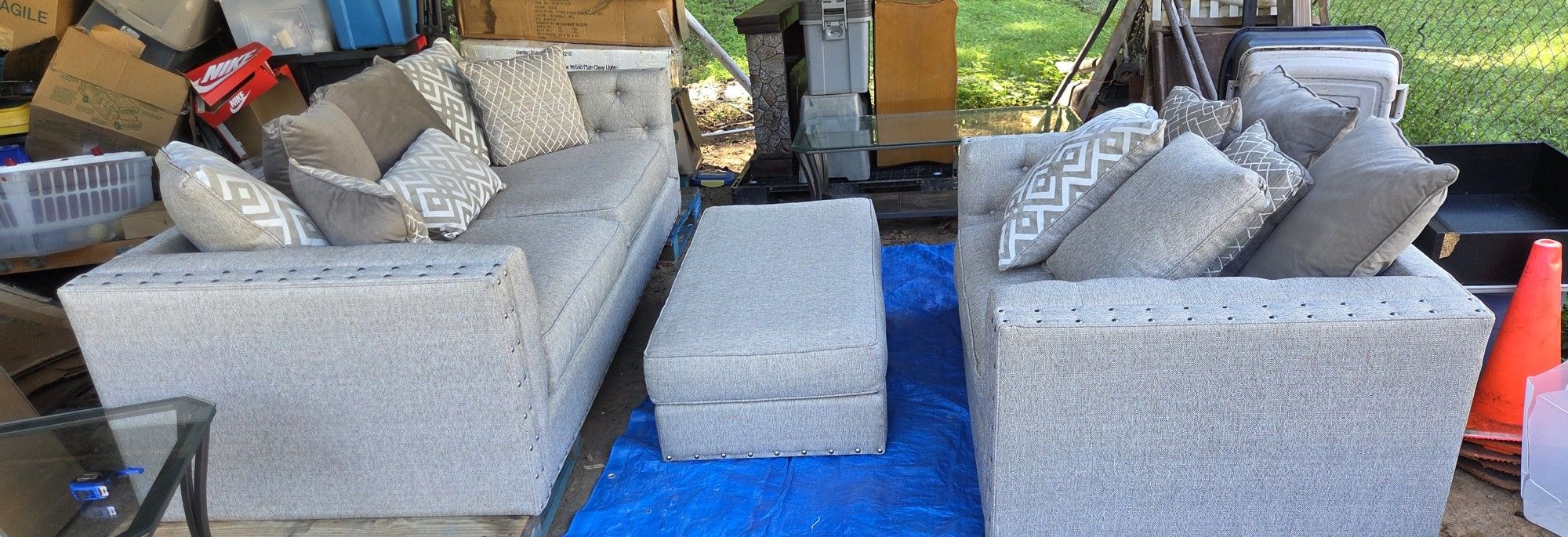 Cindy Crawford Beige Couch, Oversize Chair & Ottoman Set with Matching Throw Pillows