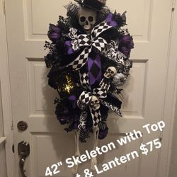 42" Skeleton With Top Hat And Lantern Swag 