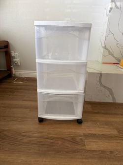 Drawer Tower, 3-Tier Storage Cart with Removable Wheels, White Frame Plastic Organizer with Clear Bin Drawers for Bedroom, Bathroom, Home Office, and