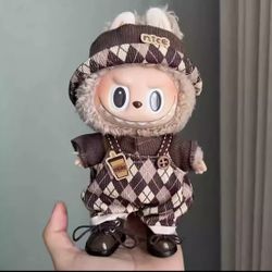 Labubu Doll outfit set: brown hat, shirt, overalls