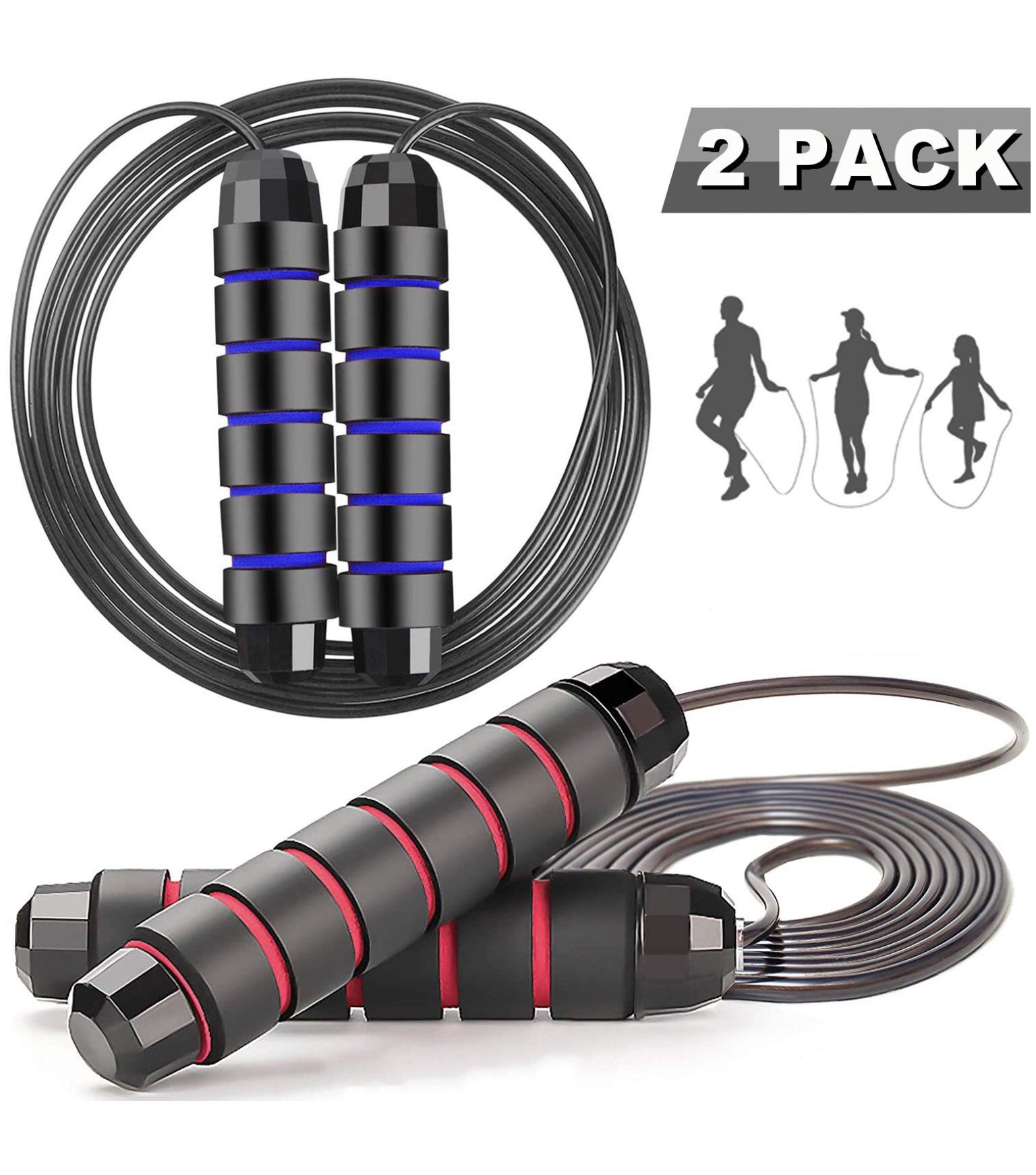 Adicop 2 Pack Jump Rope Ball Bearings Tangle-Free Rapid Speed Cable Skipping Rope Adjustable Jumping Ropes with 6" Memory Foam Handles for Men Women