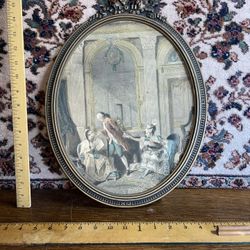 Vintage Oval Wood Frame European Scene 