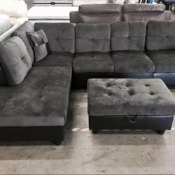 Grey Microfiber Sectional Couch And Ottoman 