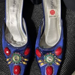 John Fashion Blue Satin  Mule With A Round Heel  And Colorful Jeweled Embellishments. Size 7 M.