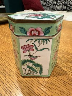 Turquoise Hexagonal Enamel Over Metal Box