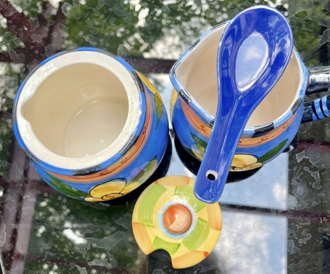 Ceramic Hand Painted by Miloon and Louis Creamer and Sugar Container w/ Spoon
