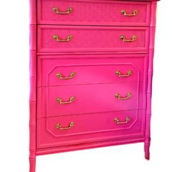 Faux bamboo Hollywood Regency style vintage beige tall boy dresser by Broyhill