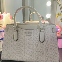 Guess Beige Monogram Satchel Handbag – Cream Logo Print, Top Handle Purse 