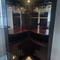 Moving Sale! Mirrored Corner Bar Cabinet with Glass Rack – Great Condition