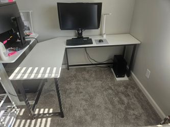 L-Shaped Computer Desk (White Top / Black Frame) - Partially Disassembled for Easy Transport