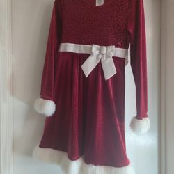 Bonnie Jean Sequin Bodice Holiday Dress. Red Velvety Girl Santa Dress Fur Trim.