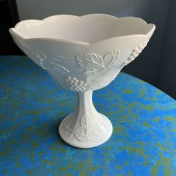 Indiana Glass “Grape Vine And Leaf” Pedestal Milk Glass Compote