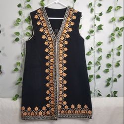 Black Floral Embroidered Bohemian Multicolored Tunic Vest Womens 