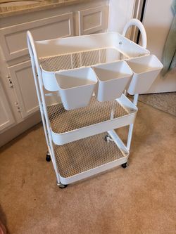 White Metal Rolling Storage Cart with Bins