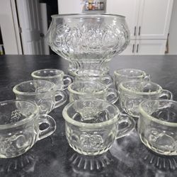 Vintage Jeanette Glass Pedestal Punch Bowl Set Fruit Apple Grapes 9 Cups Ladle