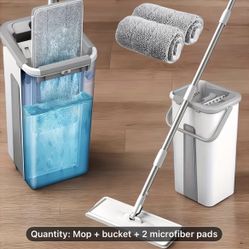 Hands-free Flat Mop And Bucket Set With 2 Reusable Microfiber Pads