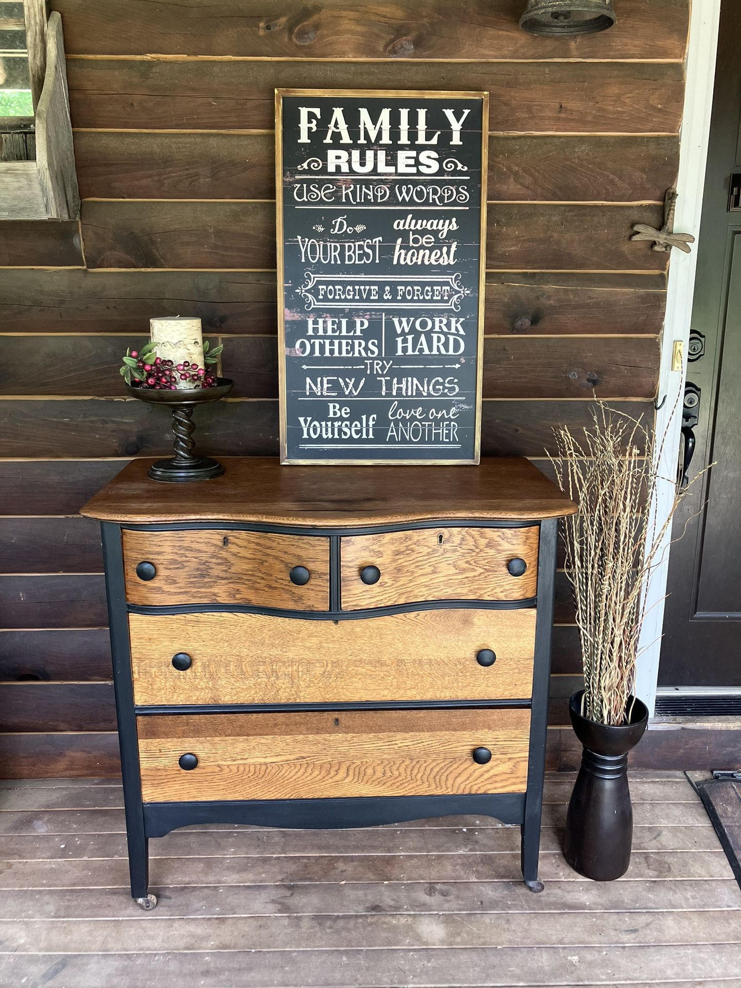 Vintage Bow-Front Oak Four Drawer Dresser