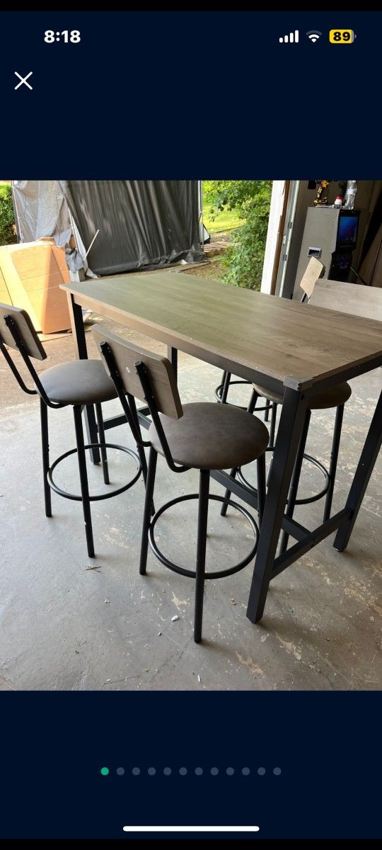 5 Piece Dining Table Set, Bar Table Set With 4 Upholstered Stools, Wooden Backrest, Ring-shaped Footrest