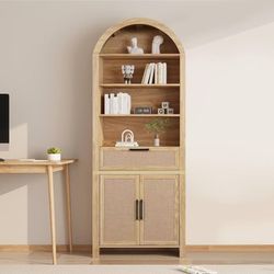 79-inch-high arched shelf with storage, mid-century modern 6-level cabinet with door and drawer, arched shelf with open shelf for office and living ro