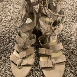 Marc Fisher Suede Lace-Up Block Heel Sandals - Paradox, Size 8 1/2 W, Tan