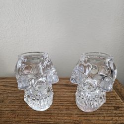 Heavy weighted glass Skull tea light holder Halloween set