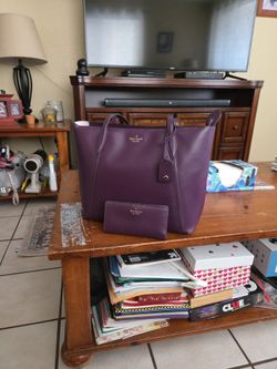 Kate Spade Cara Large Tote in a rich ripe plum hue with structured refined grain leather with matching wallet