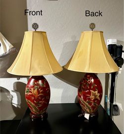 Pair of Red Floral Ceramic Table Lamps