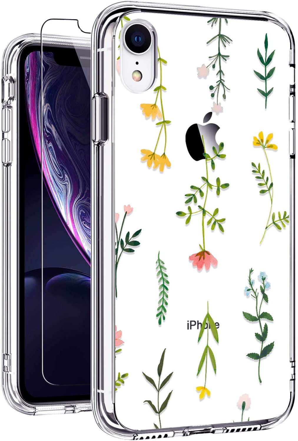 iPhone XR Cases, Giika iPhone XR Phone Case with Glass Screen Protector, Clear Floral Design Ultra-Thin Shockproof Protective for Women Girls iPhone X