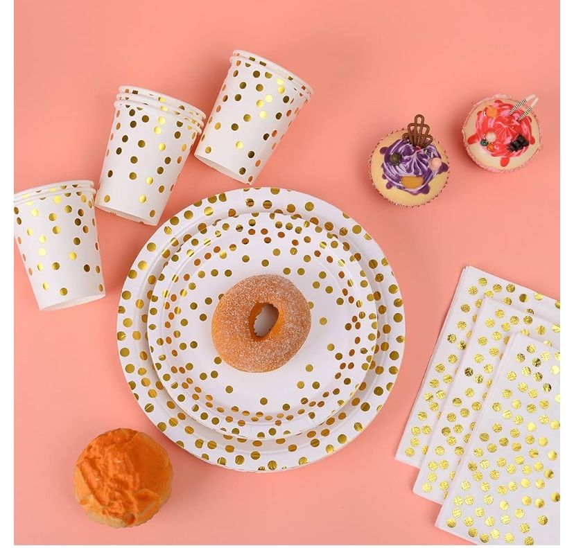 YAOSHENG 201 Party Supplies Set - Disposable Paper Dinnerware Serves 25 - Gold Dot Paper Plates Napkins Cups & Gold Plastic Silverware Sets for Weddin