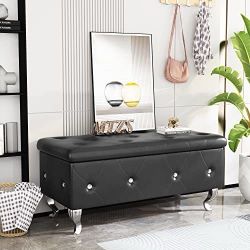 37.4" Black PU Leather Storage Ottoman Bench | Tufted with Crystal Buttons  Black PU leather storage bench with crystal tufted design, perfect for bed